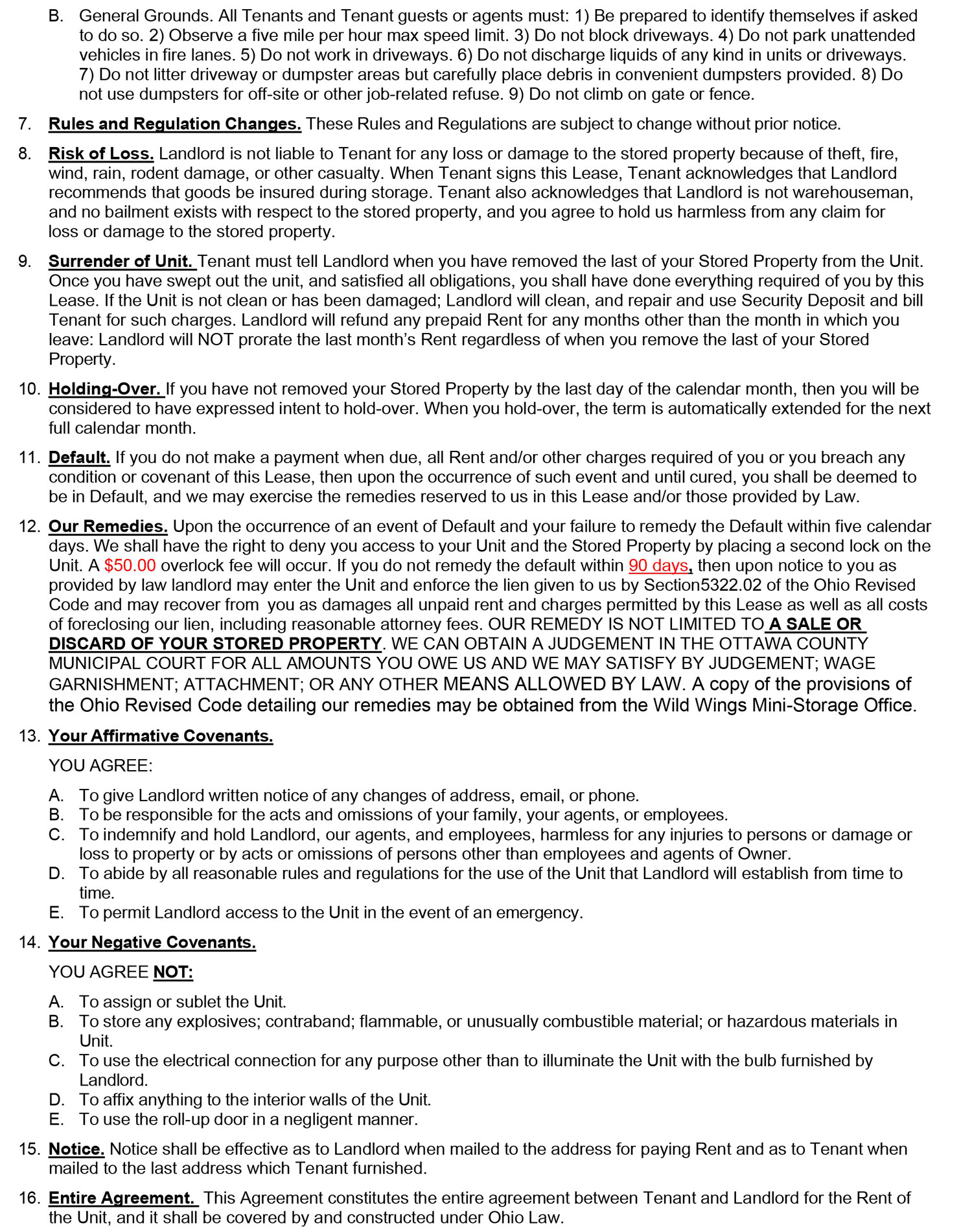 2026 Mini Storage Rules & Regulations Page 2